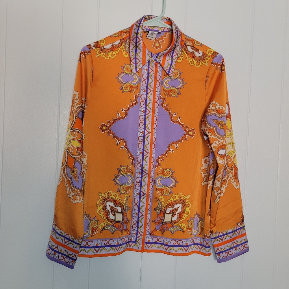 Rachel Zoe Button Down Collared Blouse Orange & P… - image 12
